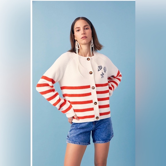 English Factory Sweaters - NEW English Factory Women's Breton Striped Cardigan with Shell Embroidery Medium